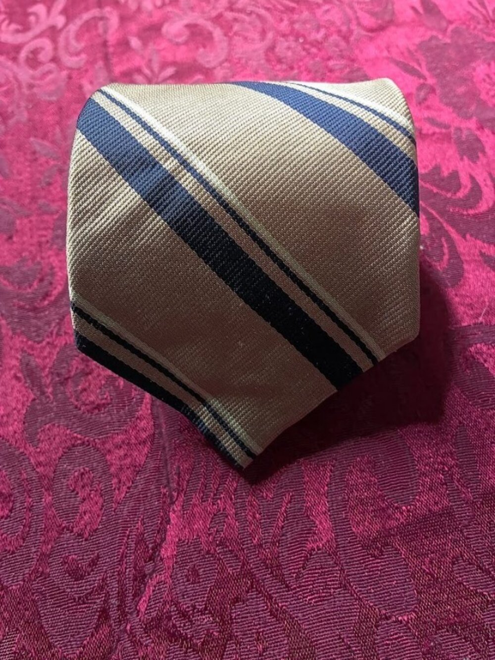 Unbranded Tan, Navy, and White Diagonal Repp Stripe All Silk Tie